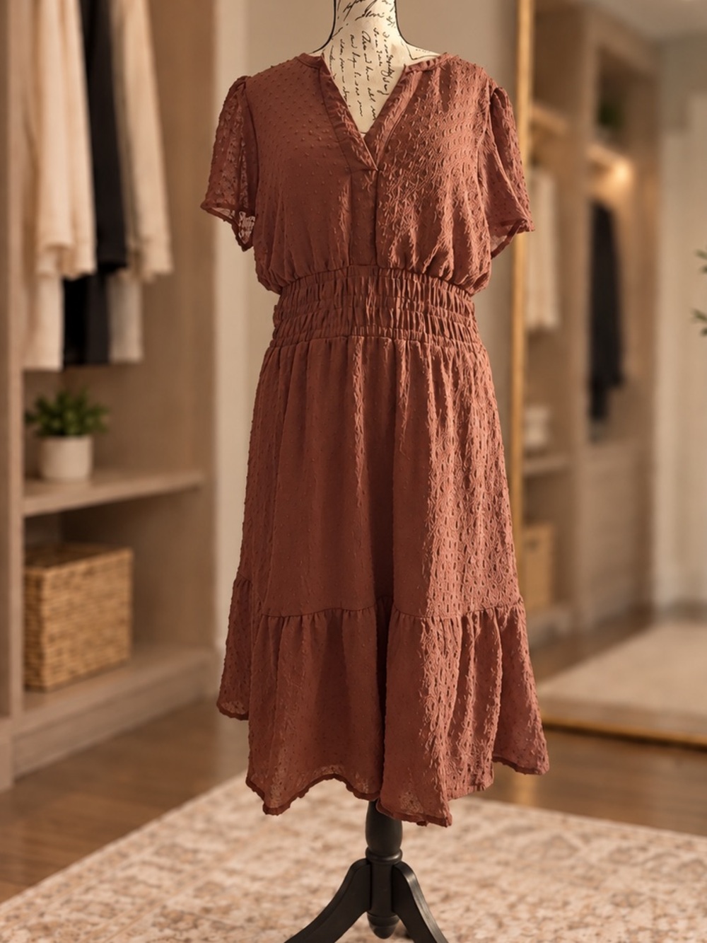 Maurices Mauve Lace Mixed-Texture Smocked Midi Dress Size Medium